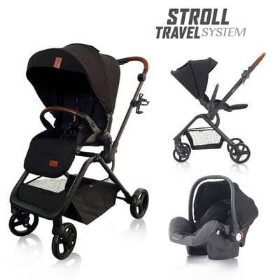 Teknum STROLL - 1 Travel System w / Teknum STROLL - 1 Reversible Travel Stroller + Compacto Baby Car Seat, Lightweight Design, Push Button Folding, 5point safety harness, Mult recline Seat, Eazy Fold, Wide Canopy, Large Basket, Newborn, 0 - 4Years, Upto 22kg - Black